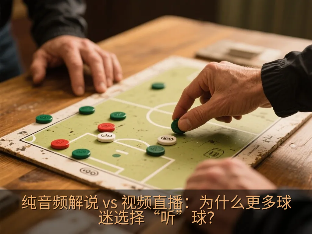 一位球迷在日落时分的公园里戴着耳机慢跑,手机界面显示音频波形